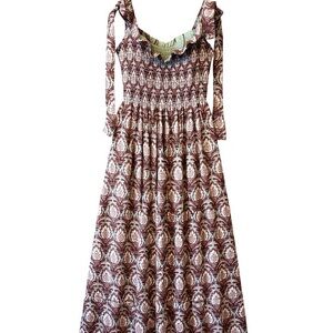 Hill House Patterned Maxi Dress in sage and burgundy paisley